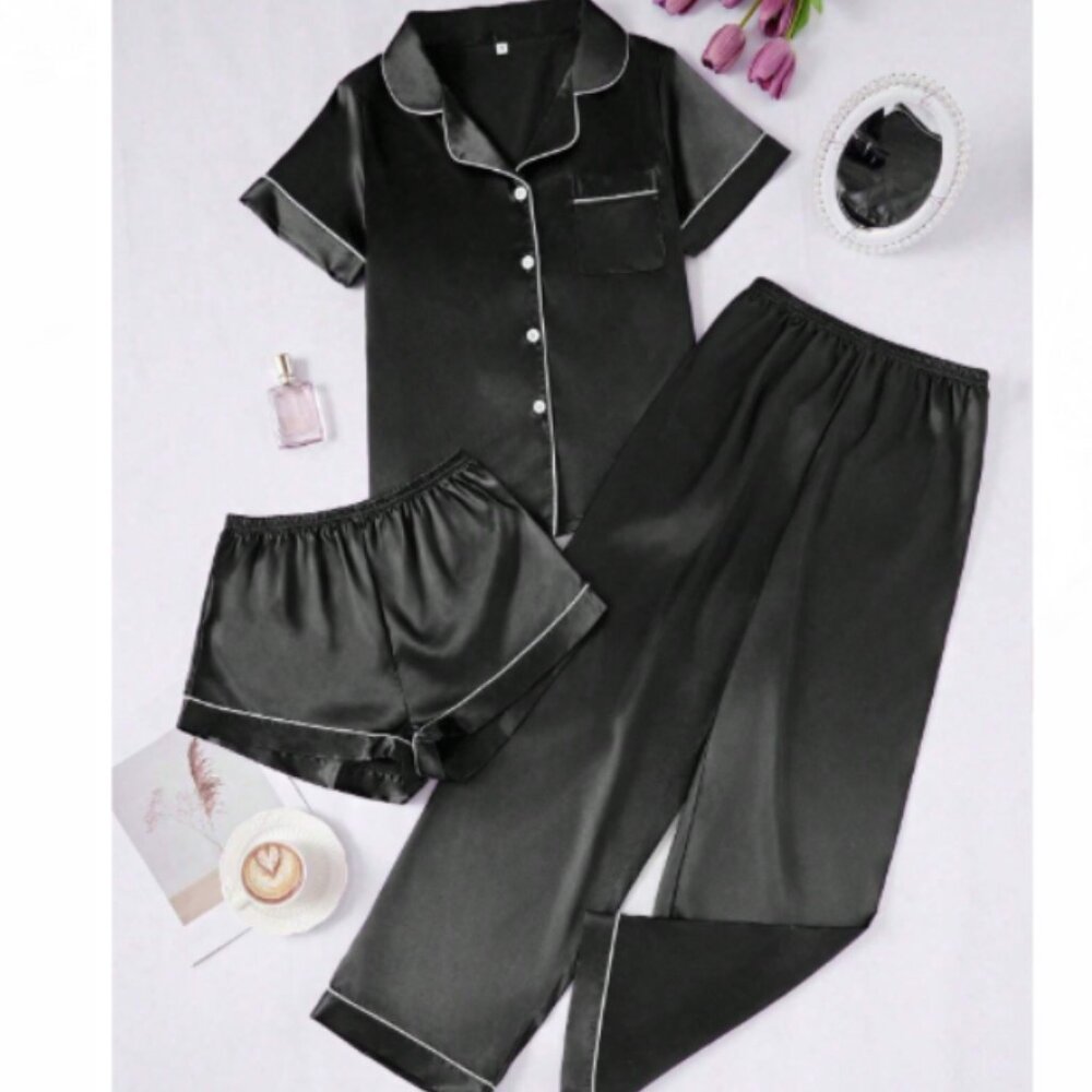 New Black Satin Loungewear Pajama Set Trio Pants, shorts, shirt